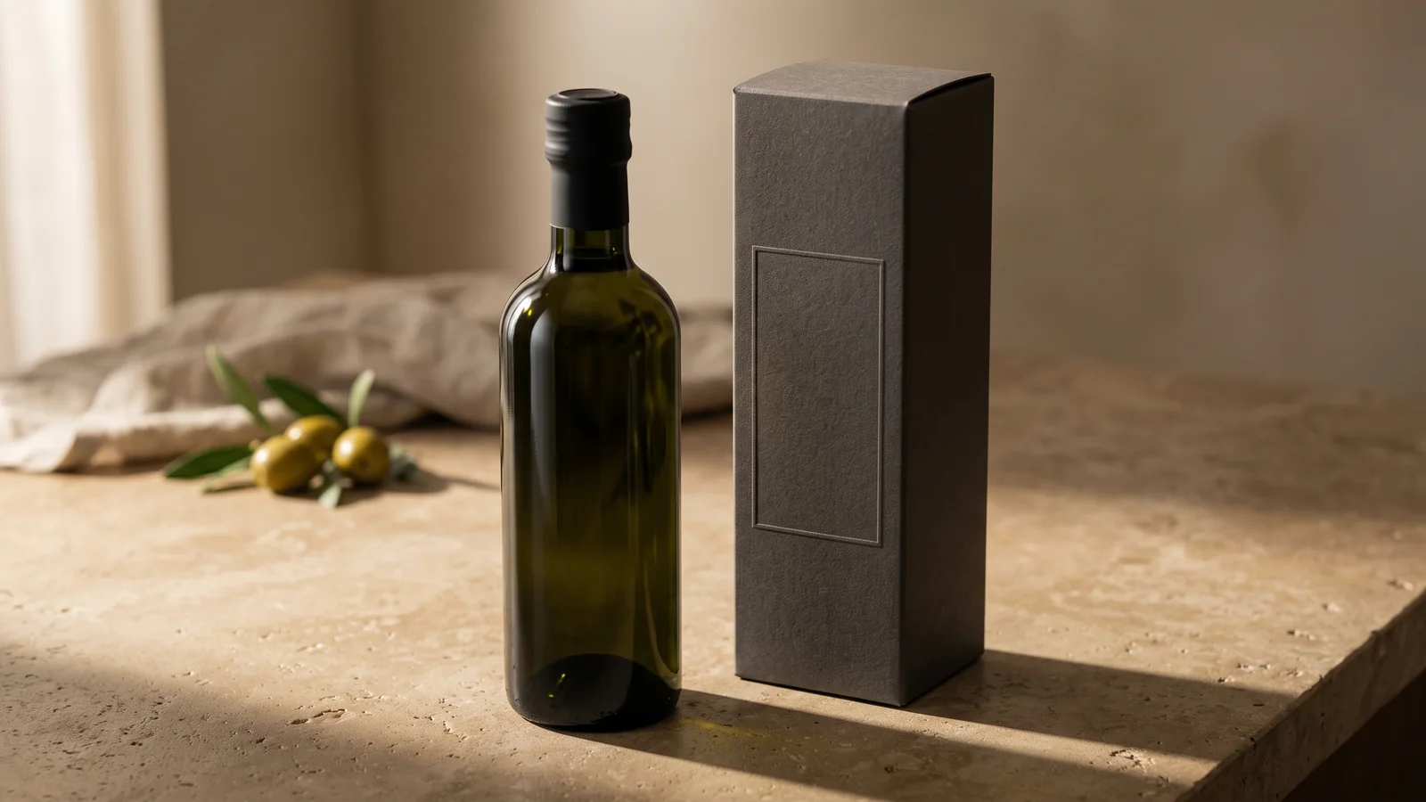 Unlabelled dark green glass bottle standing on honed Anatolian limestone counter